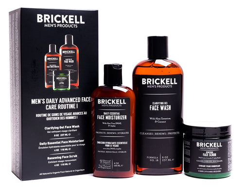 Brickell Men's Daily Advanced Face Care Routine I - Gel Facial Cleanser Wash + Face Scrub + Face Moisturizer Lotion - Natural & Organic