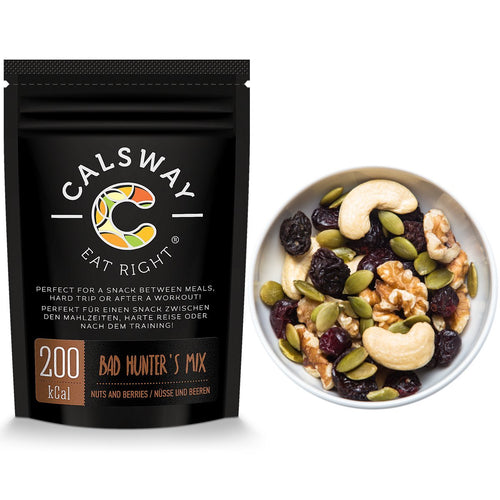 (Pack of 6) 200 Calories BAD HUNTER'S Nuts and Berries Mix by Calsway - Walnuts, Cashew Nuts, Black Raisins, Cranberries, Pumpkin Seeds