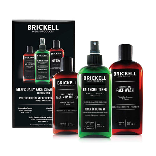 Brickell Men's Daily Face Cleanse Routine for Oily Skin, Alcohol Free Toner, Gel Facial Wash and Moisturizer, Natural and Organic, Scented